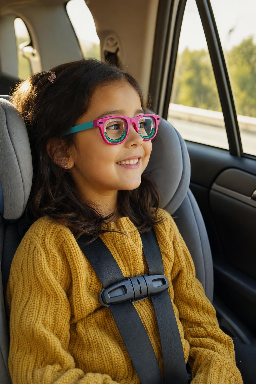 Niña feliz con lentes antimareo mirando por la ventana del auto