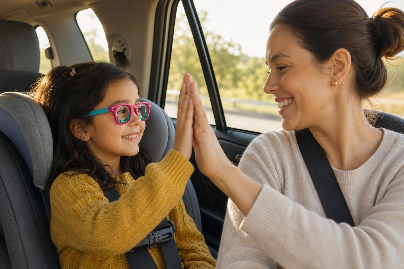 Mamá e hijo sonriendo en el auto